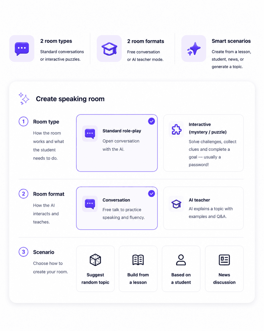 Create speaking room steps: room type, room format, and scenario options including random topic, lesson, student, and news