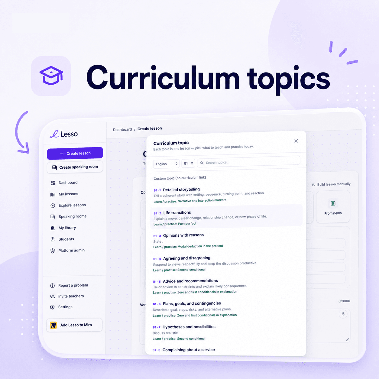 Curriculum topics — one catalog lesson for every CEFR step