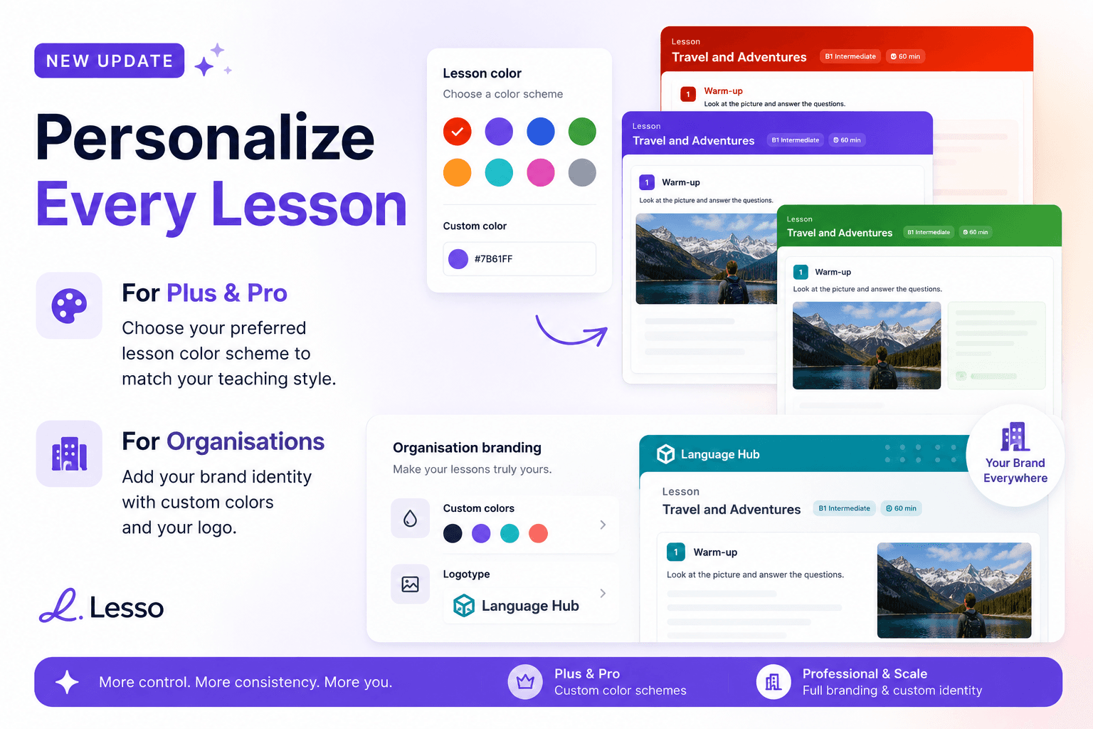 Personalize every lesson: custom colors, cover images, and organization branding